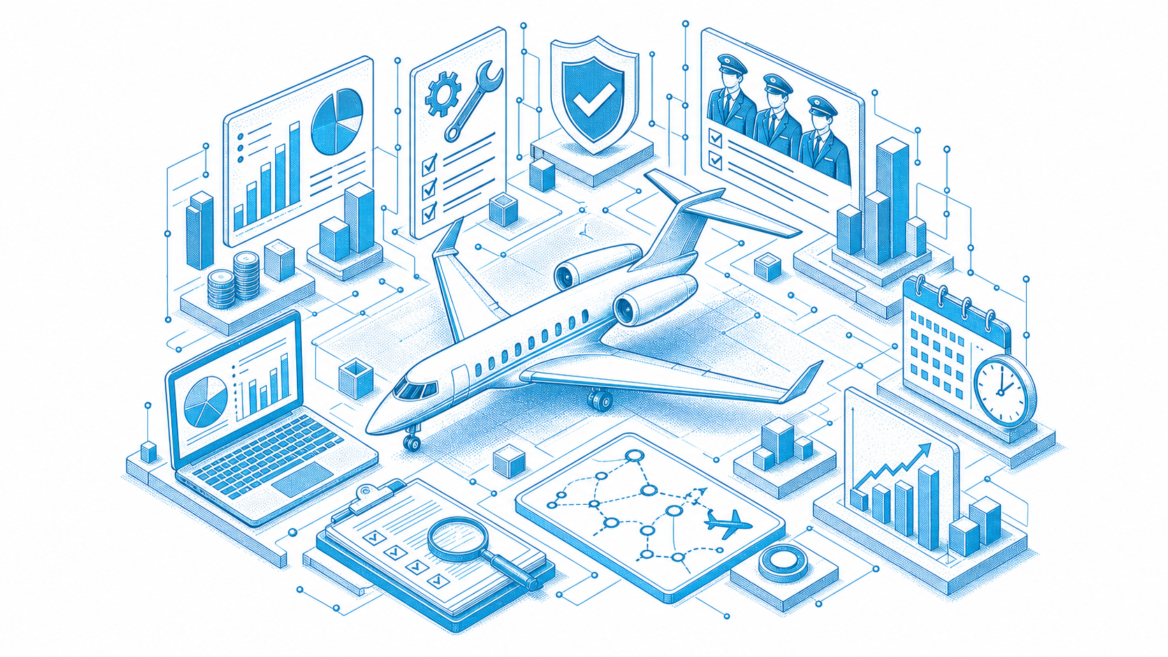 Isometric business jet surrounded by symbols for cost control, maintenance, safety, crew, compliance and flight planning