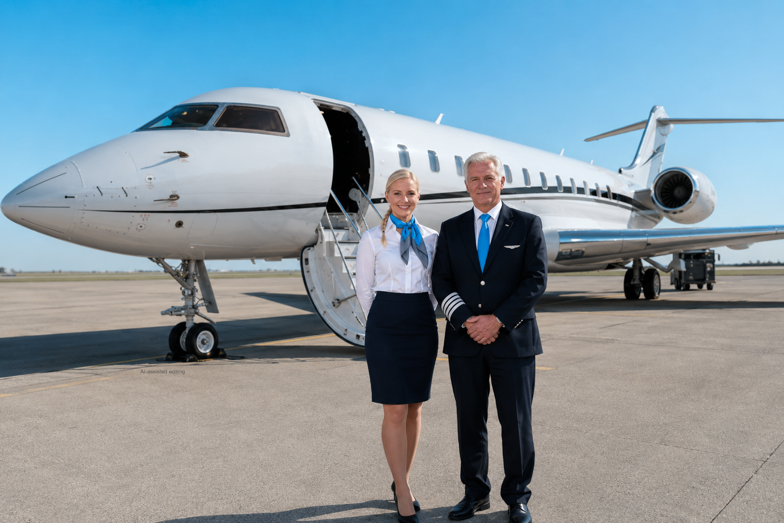 Lohn Aviation cabin crew member and captain standing in front of a private jet